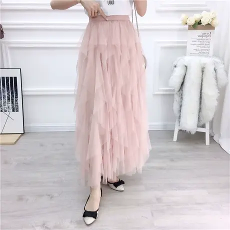 春秋新款显瘦不规则拼接仙女蓬蓬裙中长款网纱半身裙a字6812f图片