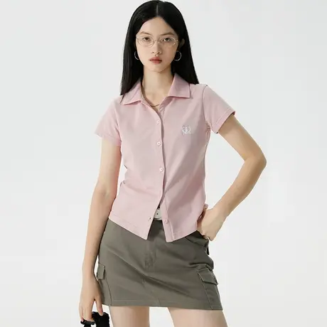 omont蛋挞家 正肩Polo短袖T恤女夏季2023年新款修身短款开衫上衣商品大图