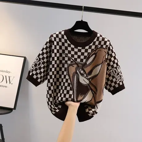 夏季网红格子短袖t恤女设计感2023宽松薄款半袖针织上衣体恤女装商品大图