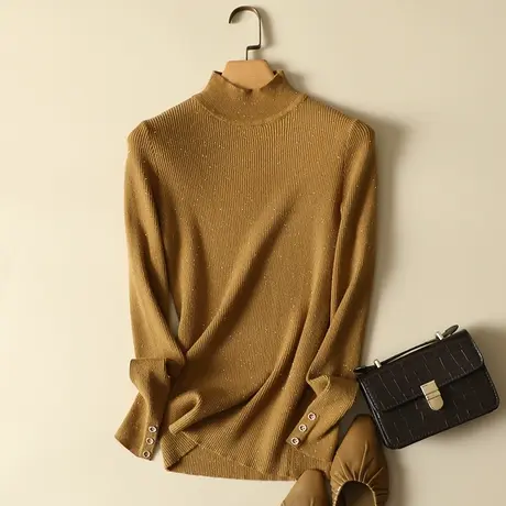 秋冬2023新款半高领亮丝纽扣毛衣针织打底衫长袖内搭显瘦女士上衣商品大图