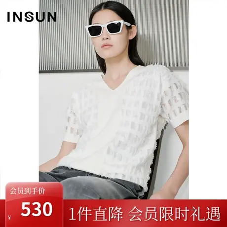 恩裳COVER2023夏装新款人丝纱线几何镂空提花手工剪毛冰丝针织衫商品大图