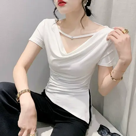 性感一字肩短袖T恤女士夏装新款下摆开叉上衣设计感洋气收腰小衫商品大图