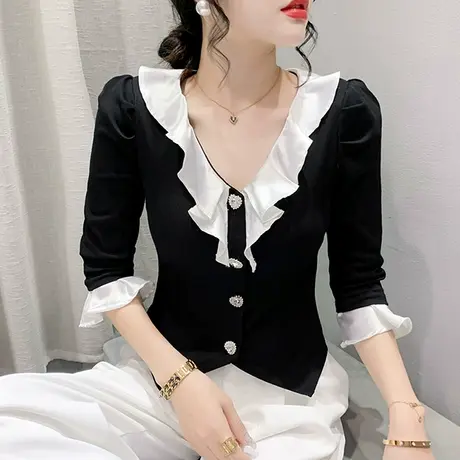 气质小香风V领T恤女七分袖复古设计感拼色荷叶边上衣修身百搭衬衫图片