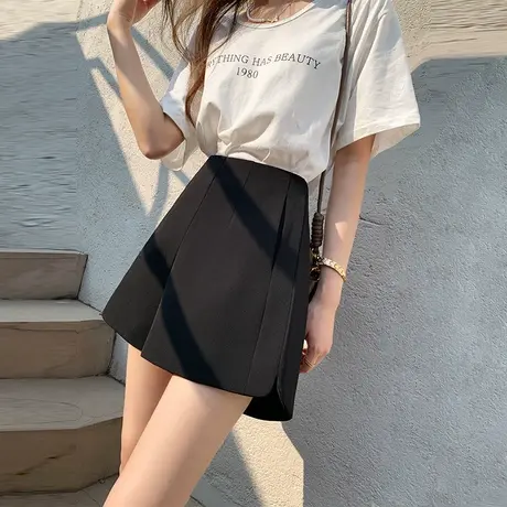 黑色短裤女夏季裤子2022春秋新款休闲裤高腰a字西装裤显瘦阔腿裤图片