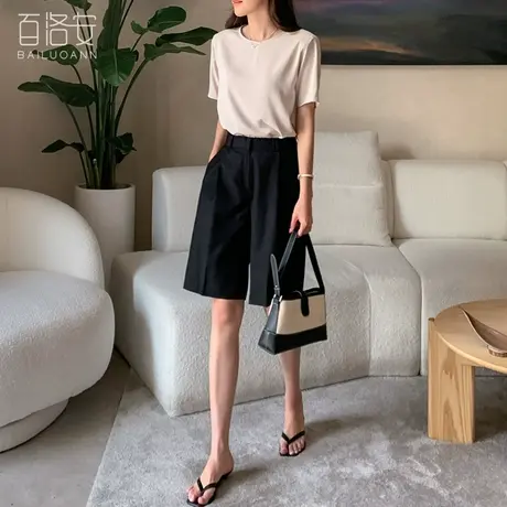 百洛安通勤西装短裤女夏季高腰显瘦a字五分裤时尚宽松休闲阔腿裤图片