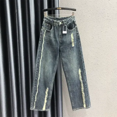 欧货个性磨破设计感牛仔长裤女23秋季新款高腰显瘦潮流垂感直筒裤图片