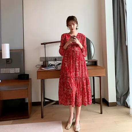 【夏装秒】孕妇连衣裙长款过膝韩版雪纺长袖裙子大码洋气潮妈外图片