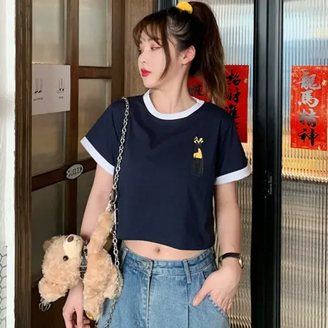 网红ins超火短袖t恤女2020宽松韩版原宿bf慵懒风短款露脐上衣服潮商品大图