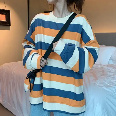 日系古着条纹卫衣女春秋薄款长袖宽松韩版潮ins上衣bf慵懒风外套图片
