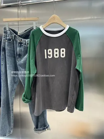 欧货撞色拼接长袖1988慵懒风插肩袖T恤女早秋新款宽松洋气上衣潮商品大图