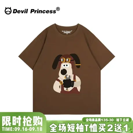 ulzzang小众美式复古风大版宽松咖啡色短袖t恤女卡通超火半袖上衣商品大图