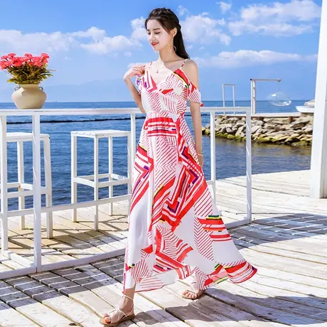 2019夏季新款超仙雪纺吊带连衣裙长裙显瘦海南三亚沙滩裙海边度假图片