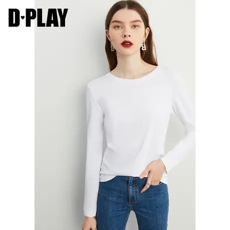 D-PLAY2023年秋装季慵懒风时尚白圆领长袖宽松打底衫T恤商品大图