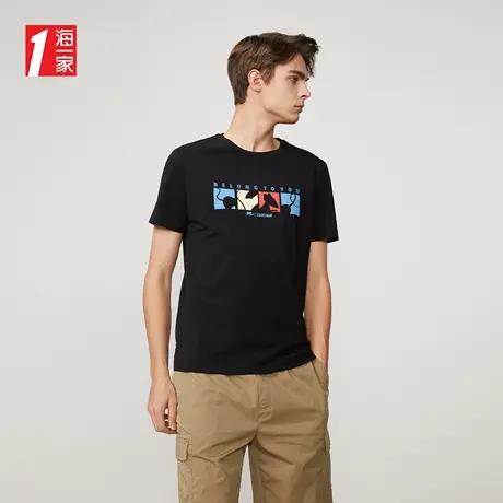 海一家时尚撞色短T新款趣味卡通印花舒适圆领短袖T恤男图片