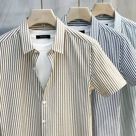 条纹衬衫男夏季冰丝薄款韩版潮流商务高级感男装休闲男士衬衣短袖商品大图
