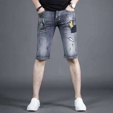 刺绣破洞牛仔断码男夏季薄款2022年新款个性百搭潮牌男士五分裤子商品大图