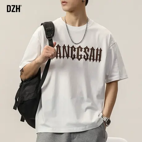 男士白色圆领短袖t恤男夏季纯棉宽松五分袖2023新款男款休闲体恤商品大图