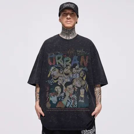 美式重磅t恤纯棉男生潮牌宽松短袖复古水洗做旧加肥加大码男装潮商品大图