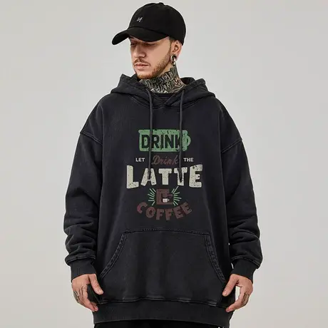 大码连帽美式重磅复古嘻哈胖子男装潮流宽松水洗做旧卫衣春秋冬款图片