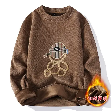 雪尼尔毛衣男冬季新款小熊印花加绒加厚青年男士潮流复古针织男装商品大图