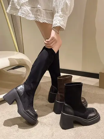 弹力靴女2023秋冬新款小个子粗跟厚底高筒瘦瘦靴爆款不过膝长筒靴商品大图