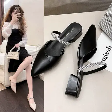 水钻包头拖鞋女夏季2023新款尖头百搭低跟外穿凉拖鞋无后跟半拖鞋商品大图