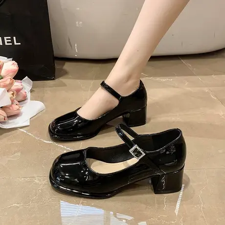 高跟鞋女2023秋方头浅口一字扣带气质增高显腿长玛丽珍小皮鞋单鞋商品大图