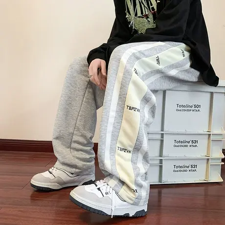 卫裤男春秋季垂感休闲宽松潮牌复古直筒美式运动裤子拖地条纹长裤商品大图