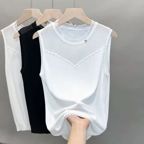 蕾丝圆领冰丝针织吊带背心女2023春夏秋新款内搭上衣外穿薄美背潮图片