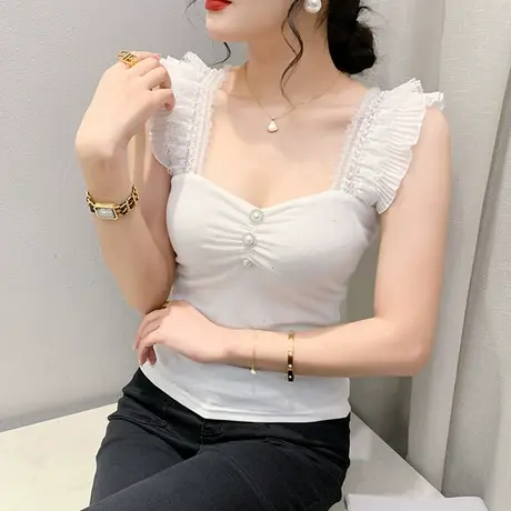 欧货性感吊带背心女夏装西装内搭V领网纱小衫木耳边紧身气质上衣图片