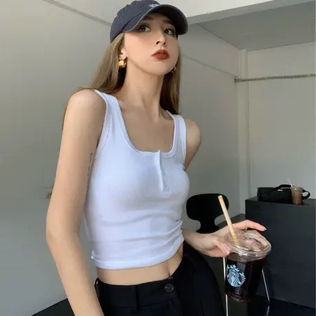 背心女2025夏新款紧身设计感基础款纯色纽扣吊带无袖修身T恤短款图片
