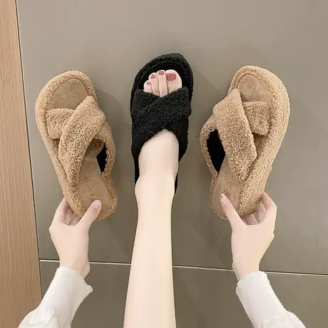 厚底增高跟毛毛拖鞋女时尚ins潮秋冬季外穿网红爆款羊羔毛棉拖鞋商品大图