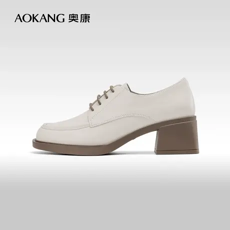 奥康女鞋 秋季气质真皮黑色小皮鞋方头系带高跟时装通勤单鞋图片
