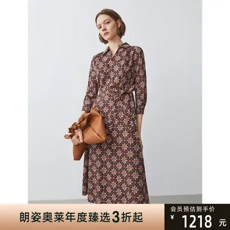 朗姿商场同款复古几何印花衬衫连衣裙秋季新款通勤休闲收腰裙子女图片