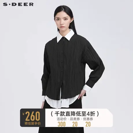 sdeer圣迪奥冬装休闲翻领肌理褶皱撞色拼接衬衫S21480511商品大图