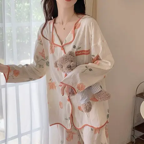 南极人睡衣女纯棉春秋款长袖长裤甜美网红风家居服套装可外穿新款图片