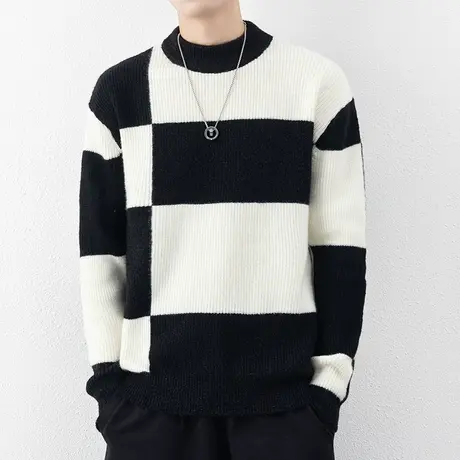 圆领毛衣男秋冬季新款潮牌宽松拼色打底针织衫男士加厚保暖毛线衣商品大图