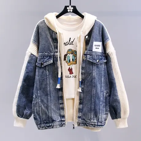 韩系牛仔拼接连帽毛衣外套女秋冬2023新款宽松慵懒风加厚针织开衫图片