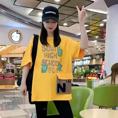 中长款拼接口袋t恤短袖女学生韩版宽松上衣2023夏季新款ins潮百搭商品大图