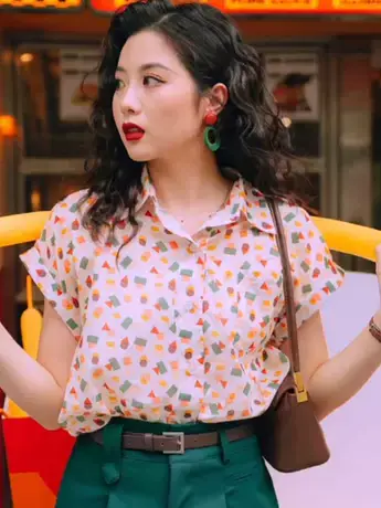 复古港味chic短袖碎花衬衫女夏季新款设计感小众衬衣法式气质上衣图片
