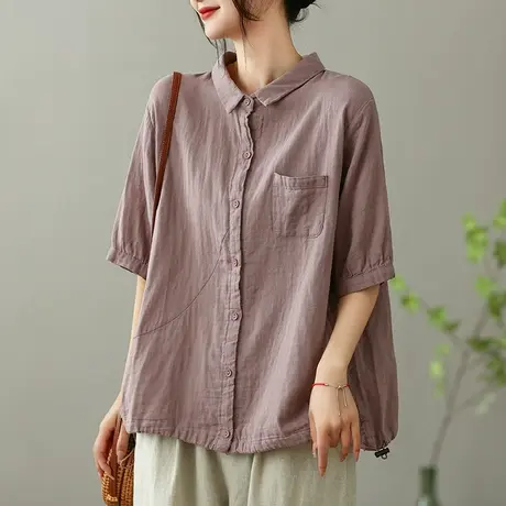 dza 复古全棉女士衬衫2023夏季薄款纯色衬衣漂亮宽松外搭开衫上衣商品大图