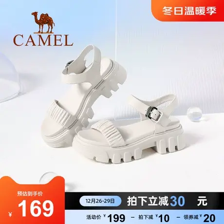 骆驼女鞋夏季新款百搭真皮中跟厚底凉鞋女一字带粗跟凉鞋女图片