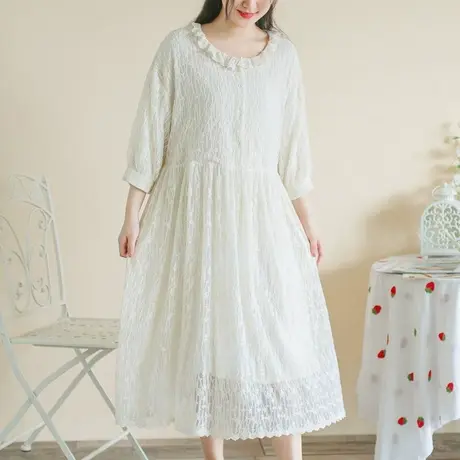 胖妹妹夏2023新品满幅绣蕾丝优雅连衣裙大码微胖花边圆领显瘦长裙商品大图