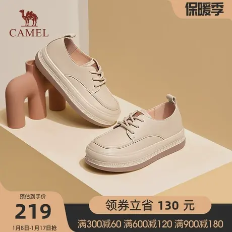 骆驼女鞋2023秋季新款英伦风小皮鞋女系带深口高跟粗跟单鞋女图片