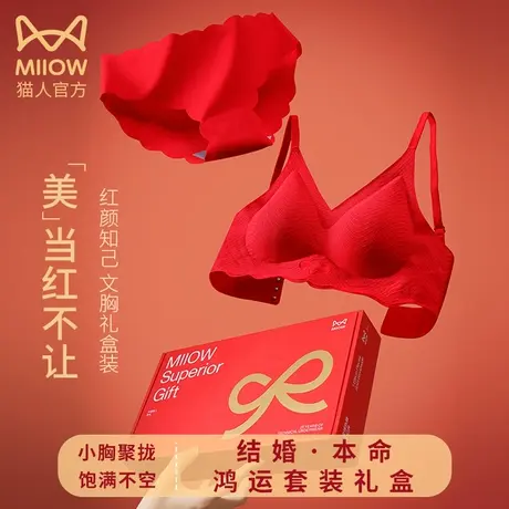 猫人本命年龙年内衣红色结婚新娘小胸聚拢无痕无钢圈女士文胸套装图片