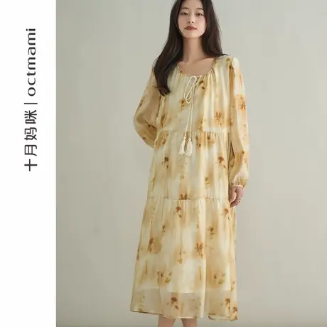 十月妈咪孕妇连衣裙2025新款春季外穿中长款宽松袖口捏褶碎花春装商品大图