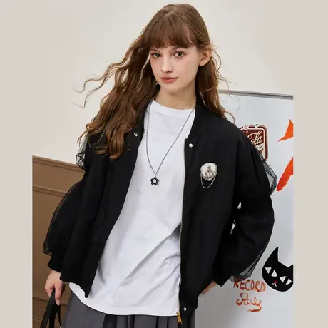 a02设计师款网纱灯笼袖设计个性夹克衫2025春季休闲百搭女式外套图片
