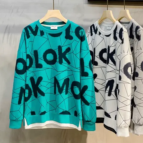 圆领卫衣男潮牌春秋薄款外套2021新款印花假两件男装宽松潮流上衣商品大图