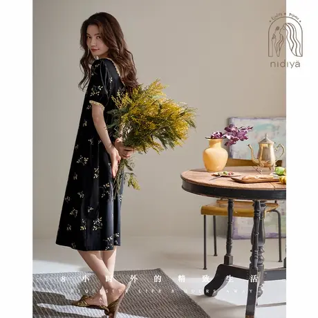 妮狄娅睡衣女夏凉感柔软棉甜美花卉短袖睡裙法式方领中长裙家居服商品大图