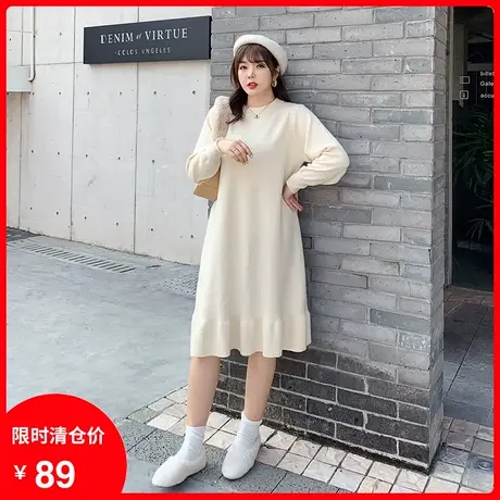 秋冬新款胖MM大码毛衣裙显瘦宽松荷叶边连衣裙中长款毛织打底裙商品大图